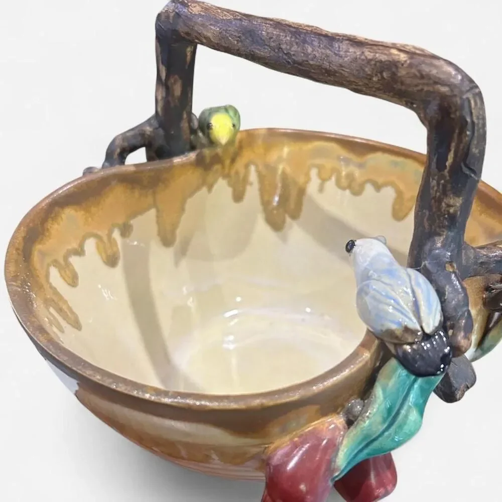 Vintage Sculpted Ceramic Fruit Basket with Bird Accents